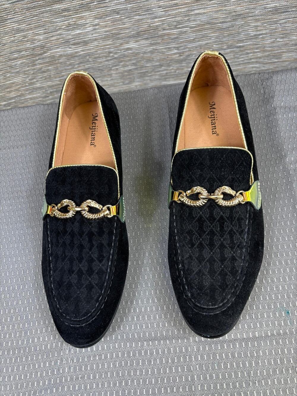 Meijiana Shoes Mens Size 11 Black Suede Slip On Dress Chain Bit Almond Toe